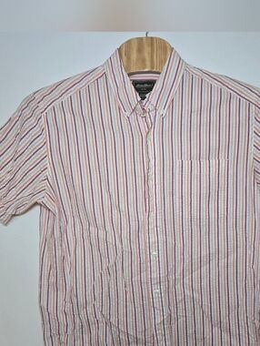 Eddie Bauer Cotton Button Down Seersucker Camp Shirt Womens Large Pastel Stripe